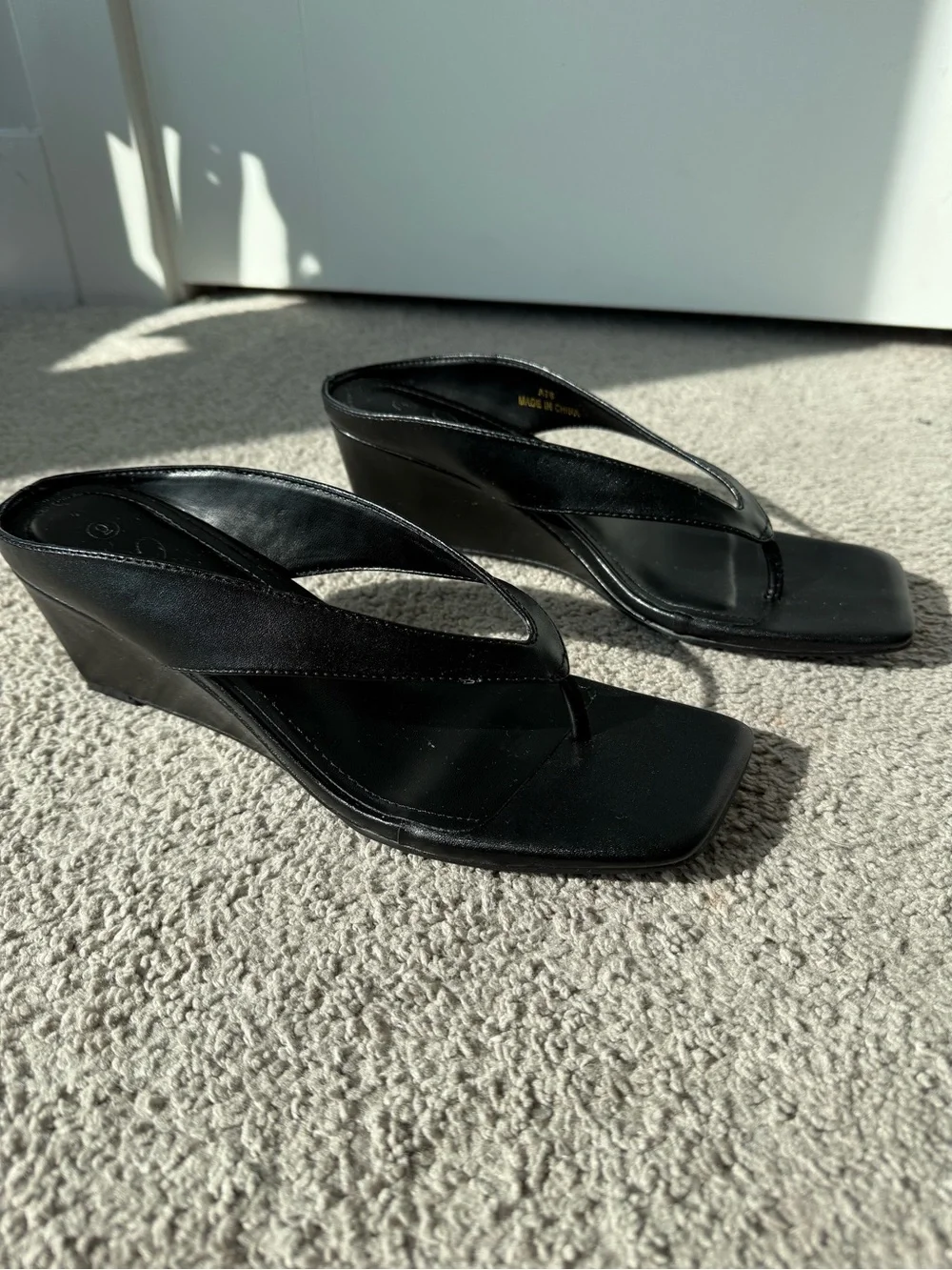 Black Leather Thong Heels with Square Toe - Women's
